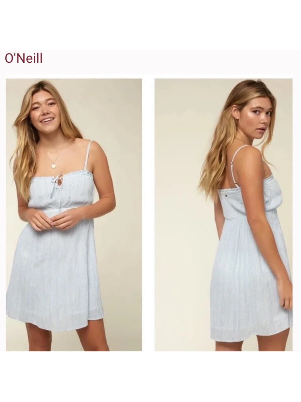 O'Neill Pale Blue Striped Tie-Front Mini Dress